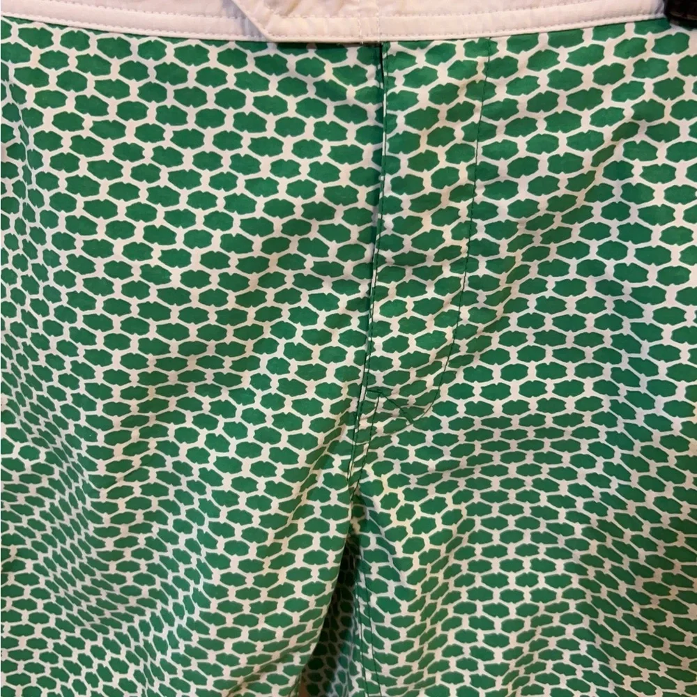 J.Crew Men's Swim Trunks in a green and white geometric print.